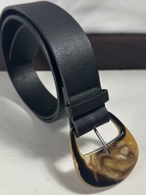Black Leather Belt Acrylic Boho Tortoise Resin Buckle 34” x 1.5” Amber Brown